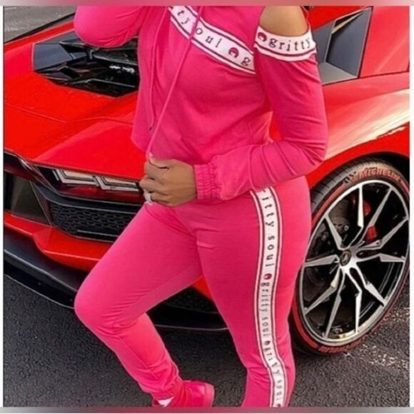 Gritty Soul Pants - GRITTY SOUL Pretty In Pink Open Shoulder Tracksuit